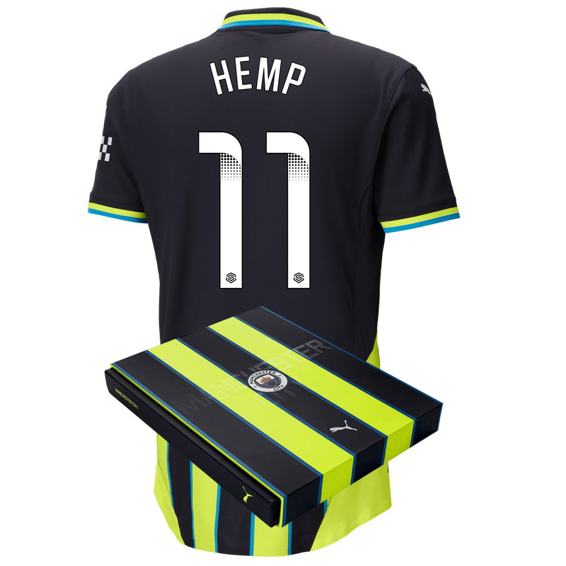 Man City Authentic Away Jersey 24/25 with HEMP 11 printing in Gift Box new navy - Size L from polyester for males  - Official Manchester City FC store