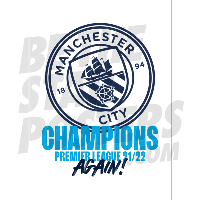 MCFC FW 21/22 PL CHAMPIONS TEXT POSTER - white