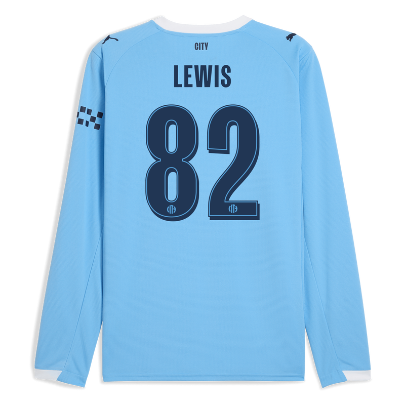 Man City Home Jersey 2025/26 Long Sleeve With LEWIS 82 Printing  blue - Size S from polyester for males  - Official Manchester City FC store