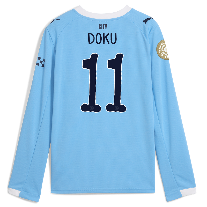 Kids' Man City Home Jersey 2025/26 Long Sleeve With DOKU 11 Printing  blue - Check out all Manchester City t-shirts online