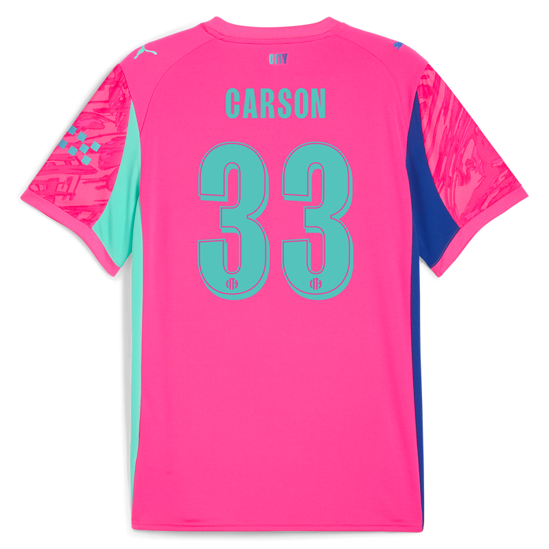 Manchester City Keeper Shirt Kinderen 2025/26 met CARSON 33 bedrukking pink -Bekijk alle Man City t-shirts online - Officiële Manchester City FC shop