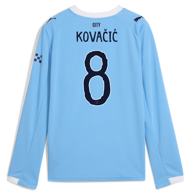Kids' Manchester City Home Jersey 2025/26 Long Sleeve With KOVAČIĆ 8 Printing