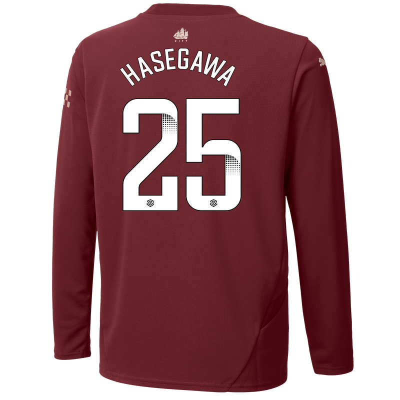 Kids' Man City 3rd Jersey 24/25 Long Sleeve  With HASEGAWA 25 Printing burgundy - Check out all Manchester City t-shirts online