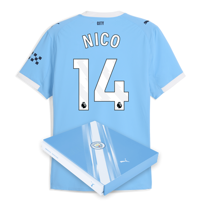 Manchester City Authentiek Thuisshirt 2025/26 met NICO 14 bedrukking in geschenkdoos