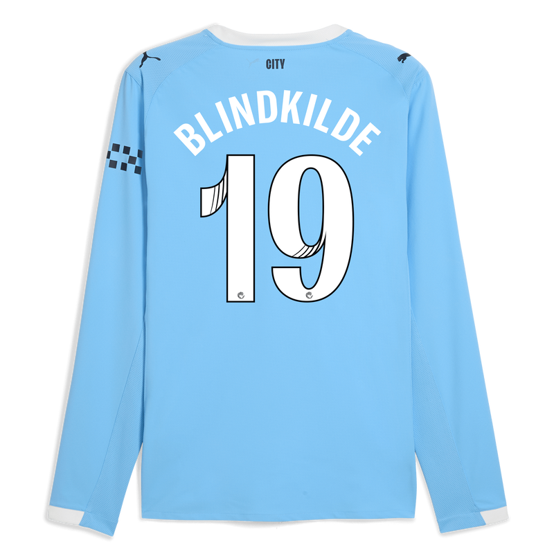 Man City Home Authentic Jersey 2025/26 Long Sleeve With BLINDKILDE 19 Printing  blue - Check out all Manchester City t-shirts online