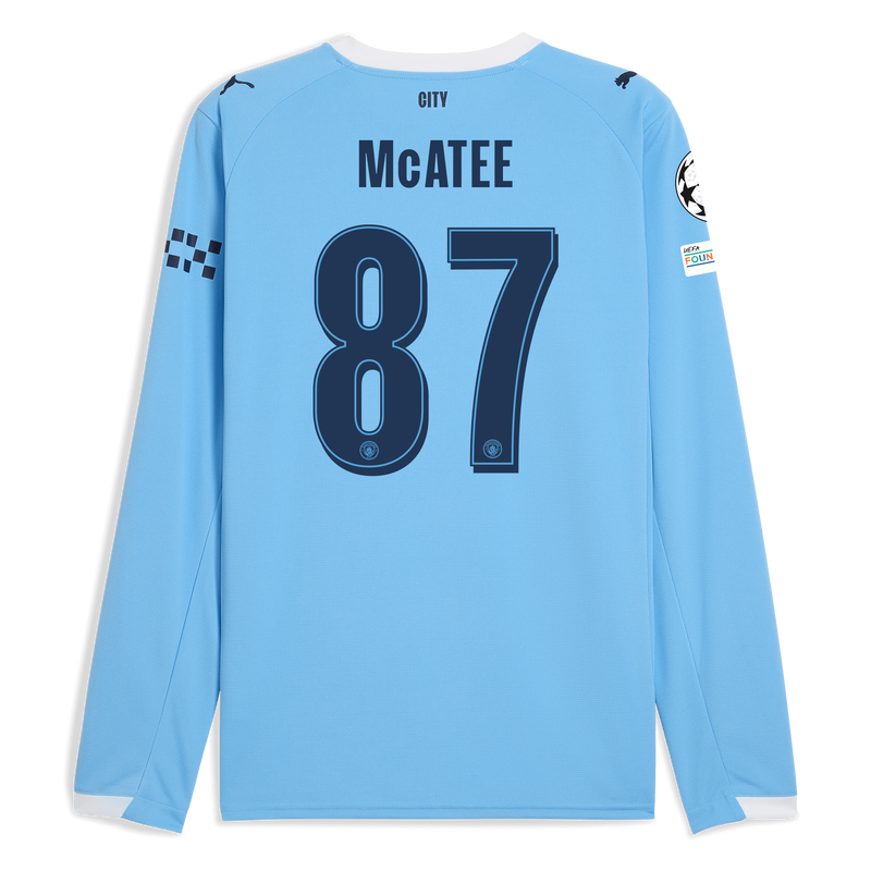 Man City Home Jersey 2025/26 Long Sleeve With McATEE 87 Printing  blue - Size S from polyester for males  - Official Manchester City FC store