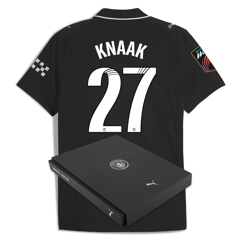 Man City Away Authentic Jersey 2025/26 With KNAAK 27 Printing in Gift Box black - Check out all Manchester City t-shirts online