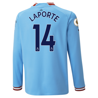 Kids' Manchester City Home Jersey 22/23 Long Sleeve with LAPORTE 14 printing