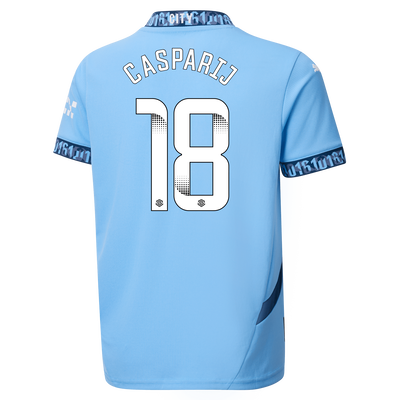 Kids' Manchester City Home Jersey 2024/25 With CASPARIJ 18 Printing