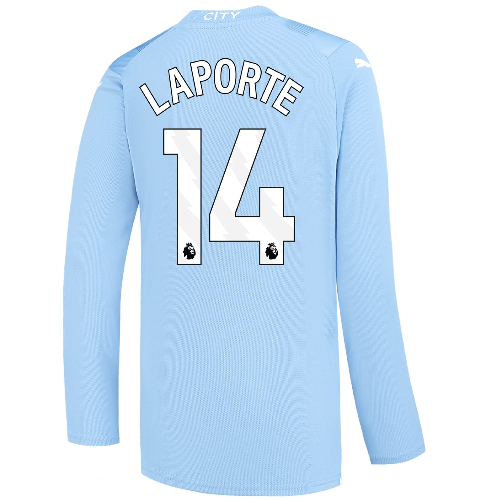 Kids' Manchester City Home Jersey 2023/24 long sleeve with LAPORTE 14  printing