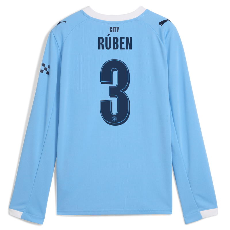 Kids' Man City Home Jersey 2025/26 Long Sleeve With RÚBEN 3 Printing  blue unisex - Size 7/8 from polyester  - Official Manchester City FC store