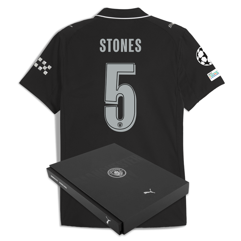 Man City Away Authentic Jersey 2025/26 With STONES 5 Printing in Gift Box black - Check out all Manchester City t-shirts online