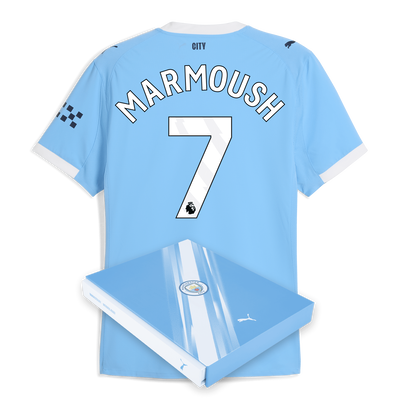 Maillot domicile authentique Manchester City 2025/26 avec impression MARMOUSH 7 dans une boîte cadeau