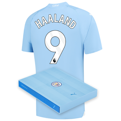 Maillot Authentique Manchester City Domicile 2023/24 avec flocage HAALAND 9 dans une boîte cadeau