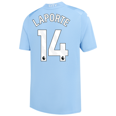 Kids' Manchester City Home Jersey 2023/24 with LAPORTE 14 printing