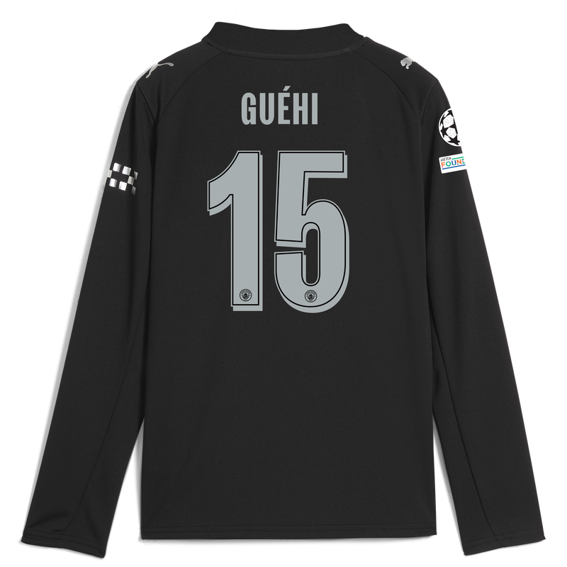 Kids' Man City Away Jersey 2025/26 Long Sleeve With GUÉHI 15 Printing black - Check out all Manchester City t-shirts online