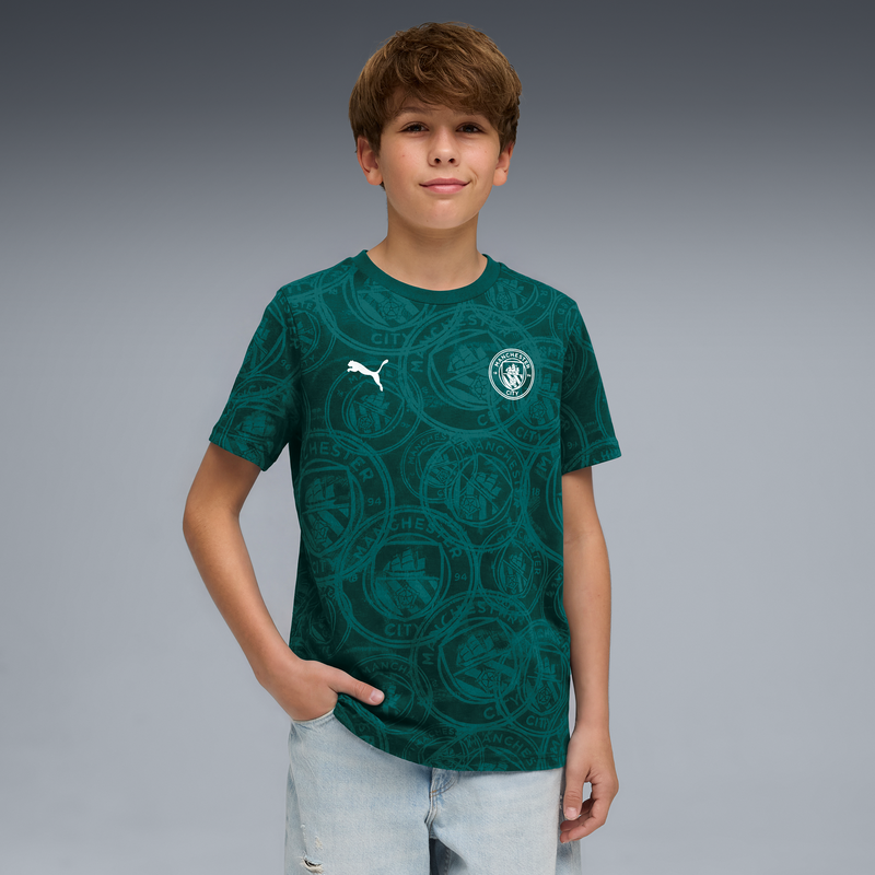 MCFC LW KIDS FTBLCULTURE TEE AOP - Green Terrain-Sea Glass