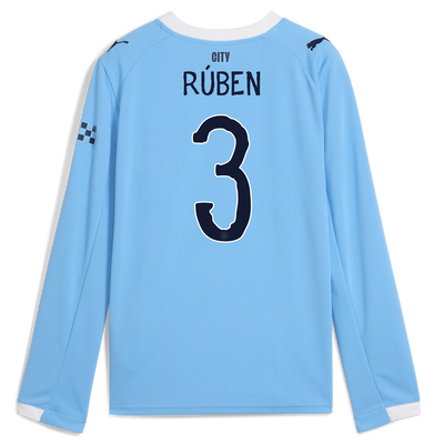 Kids' Manchester City Home Jersey 2025/26 Long Sleeve With RÚBEN 3 Printing
