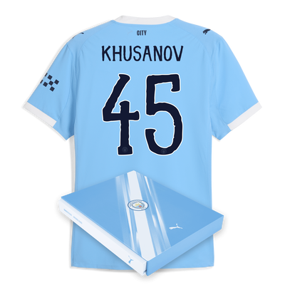 Manchester City Home Authentic Jersey 2025/26 With KHUSANOV 45 Printing in Gift Box