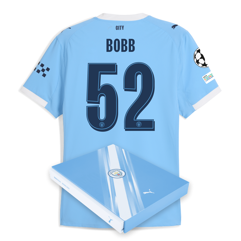 Man City Home Authentic Jersey 2025/26 With BOBB 52 Printing in Gift Box  blue - Size S from polyester for males  - Official Manchester City FC store