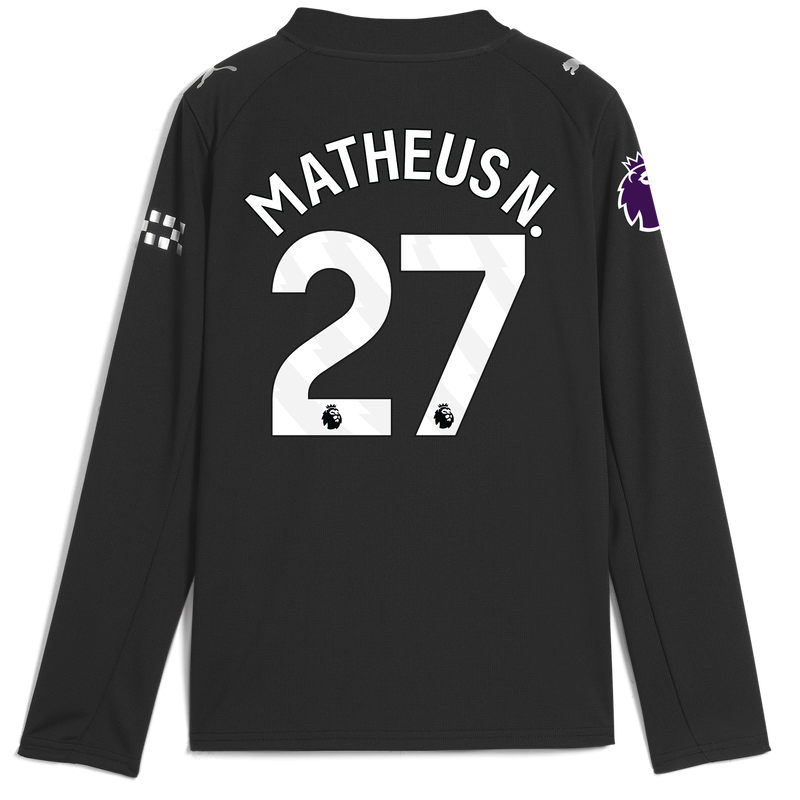 Kids' Man City Away Jersey 2025/26 Long Sleeve With MATHEUS N. 27 Printing black - Check out all Manchester City t-shirts online