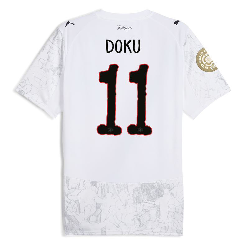 Man City KidSuper Jersey 2025/26 With DOKU 11 printing white - Size S from polyester for males  - Official Manchester City FC store
