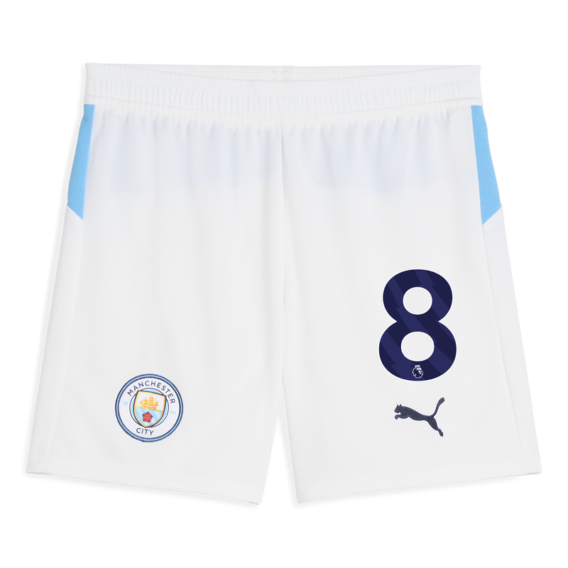 Kids' Man City Football Shorts 2025/26 with #8 white unisex - Size 5/6 from polyester  - Official Manchester City FC store