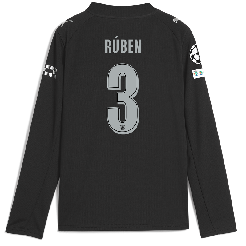 Kids' Man City Away Jersey 2025/26 Long Sleeve With RÚBEN 3 Printing black - Check out all Manchester City t-shirts online