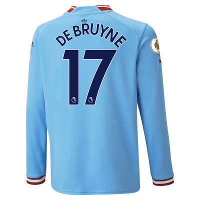 Kids' Manchester City Home Jersey 22/23 Long Sleeve with DE BRUYNE 17 printing