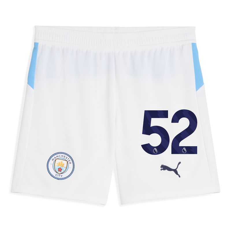 Kids' Man City Football Shorts 2025/26 with #52 white unisex - Size 9/10 from polyester  - Official Manchester City FC store