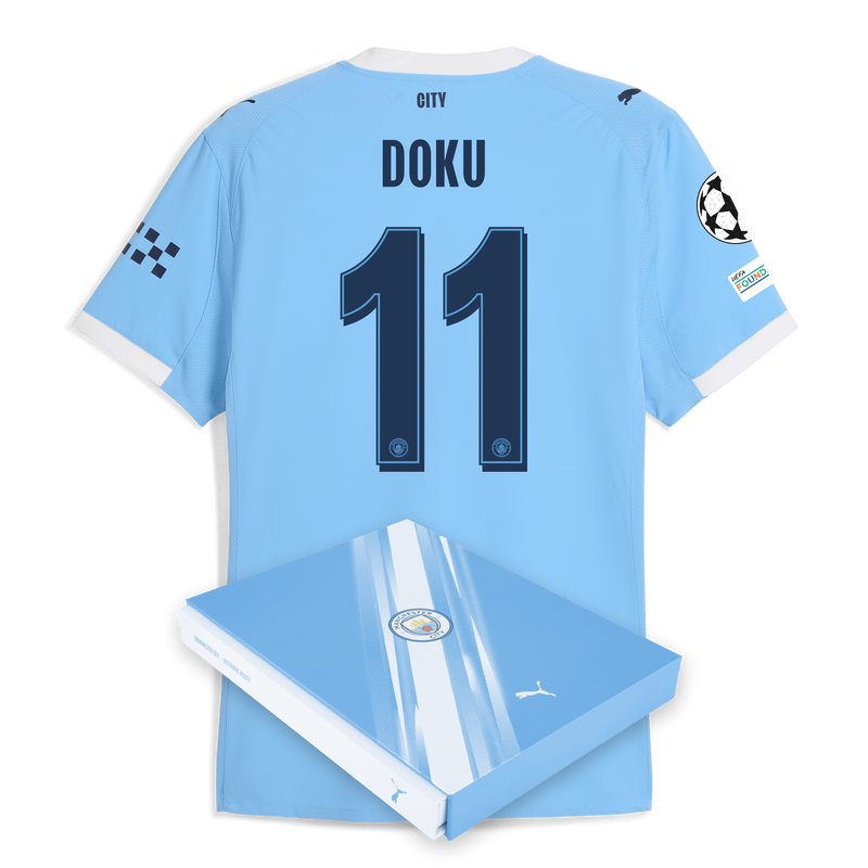 Man City Home Authentic Jersey 2025/26 With DOKU 11 Printing in Gift Box  blue - Check out all Manchester City t-shirts online