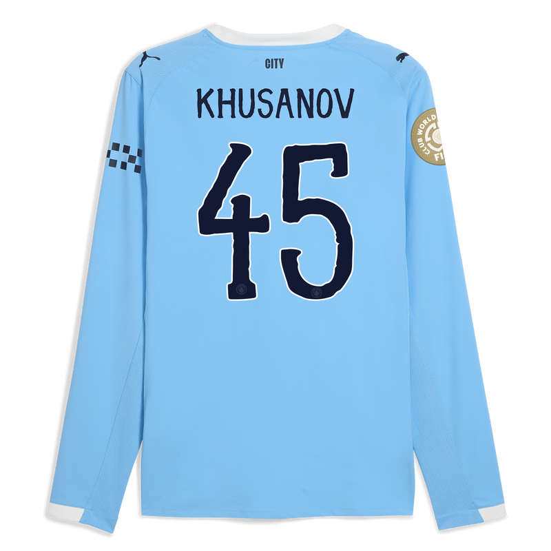 Man City Home Authentic Jersey 2025/26 Long Sleeve With KHUSANOV 45 Printing  blue - Check out all Manchester City t-shirts online