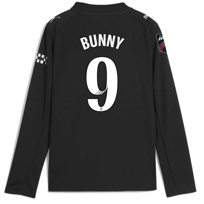 Kids' Man City Away Jersey 2025/26 Long Sleeve With BUNNY 9 Printing black - Check out all Manchester City t-shirts online