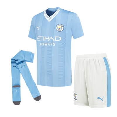 Manchester city new home kits for 2023-24 premier league. made by nike.  shirt sponsor etihad airways, sleeve sponsor bosch. full kit